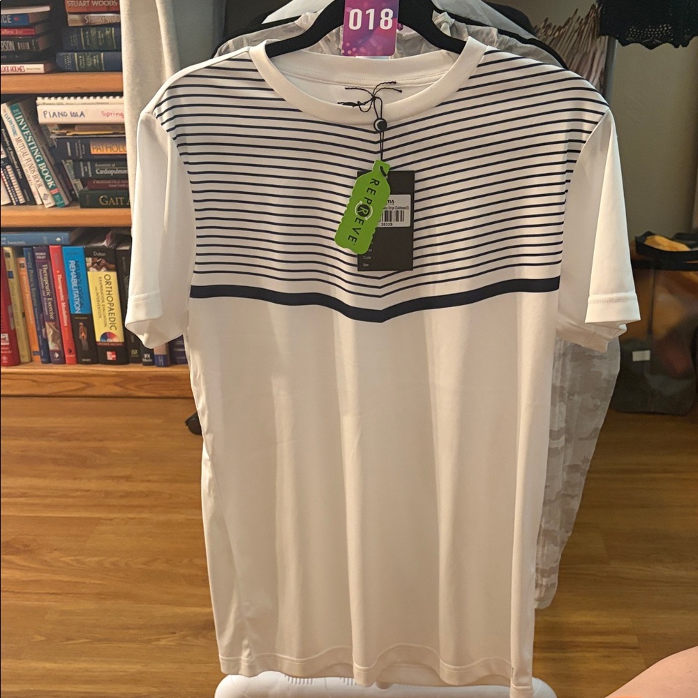 ZYIA Active Men’s White and Navy Stripe Clubhouse Short Sleeve